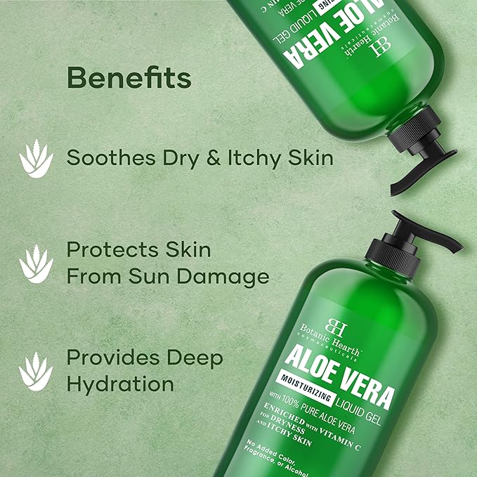 Botanic Hearth Aloe Vera Moisturizing Liquid Gel – 100% Pure Aloe, Enriched with Vitamin C for Dry & Itchy Skin – No Added Color, Fragrance, or Alcohol – 16 fl. oz