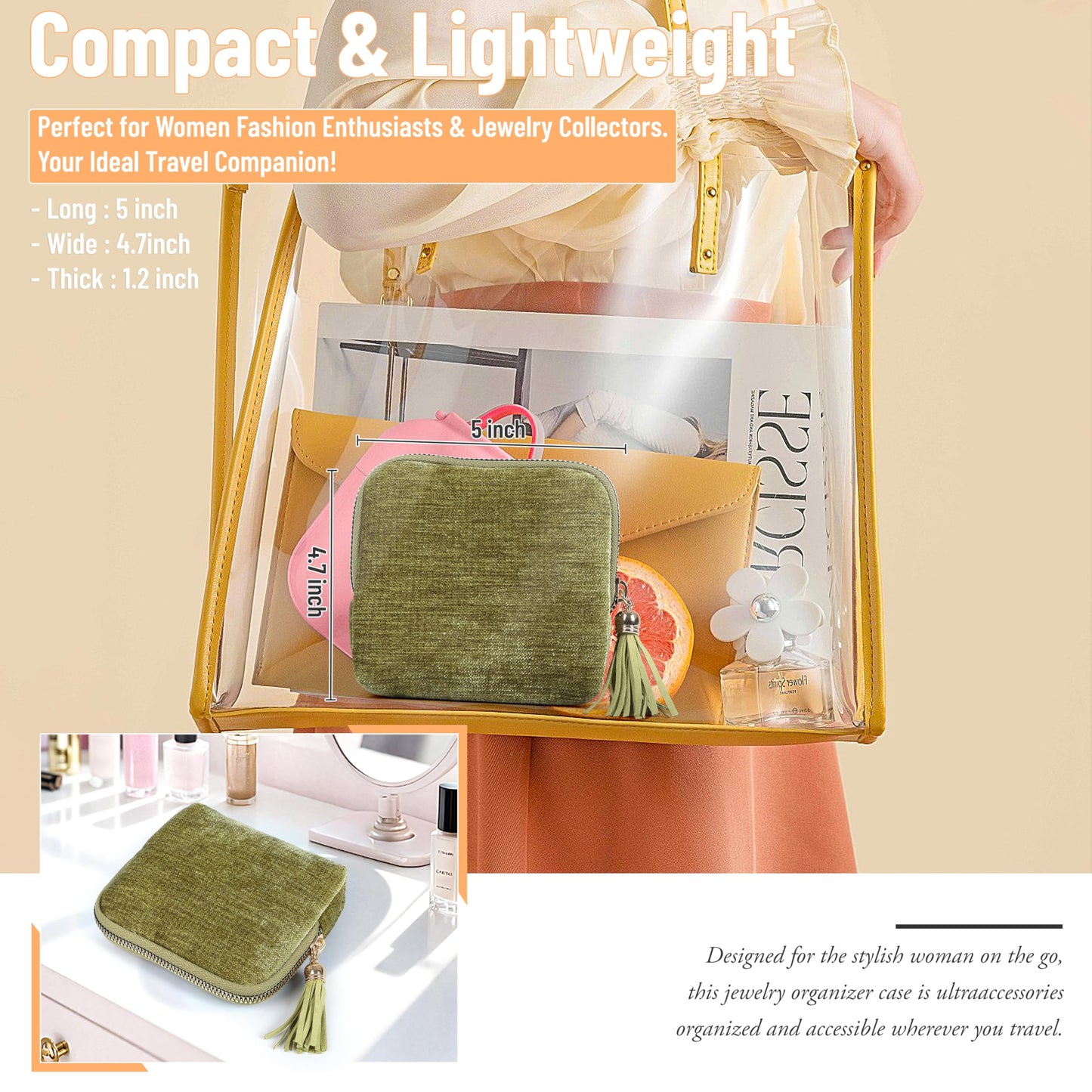 LOTOFUN Jewelry Organizer Case for Travel: 5-Layer Velvet Zipper Pouch Bag for Bangles Link Bracelets Storage Protect from Tangle Scratch (Avocado Green)