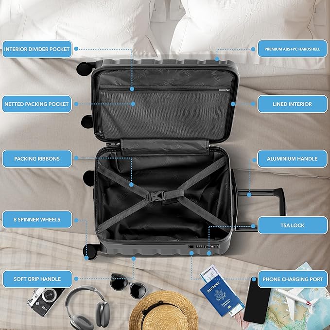 Carry On Suitcase Hardside TSA Lock & USB Port Silent Double Spinner Wheels Maximum Carry-On Bag For Canada Air Approved Airlines( 21.5x15.5x9" ,Charcoal )