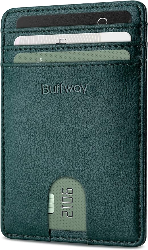 Buffway Mens Slim Wallet, Minimalist Thin Front Pocket Leather Credit Card Holder with RFID Blocking for Work Travel