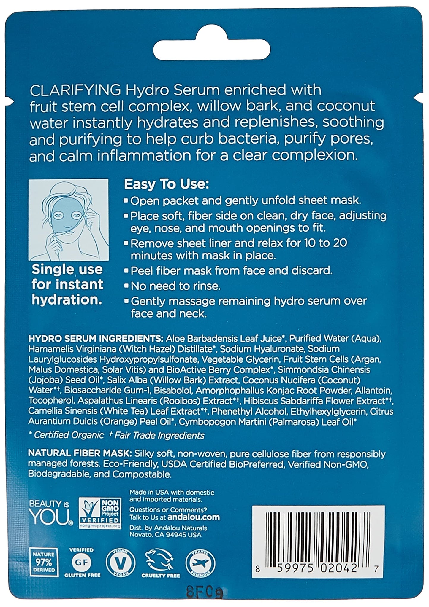 Andalou Naturals Instant Pure Pore Hydro Serum Facial Sheet Mask, Coconut Water, Clarifying, Non GMO, 0.6 Fluid Ounces (Pack Of 6)