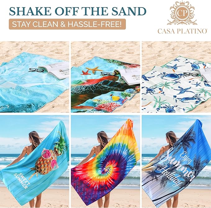 Casa Platino Beach Towel Set of 6 – Extra Large 71"x32" Sand Free Microfiber Towels, Quick Dry & Lightweight with Double-Sided Prints, Mesh Bag Included, Beach Bag Essentials for Travel – Maslin