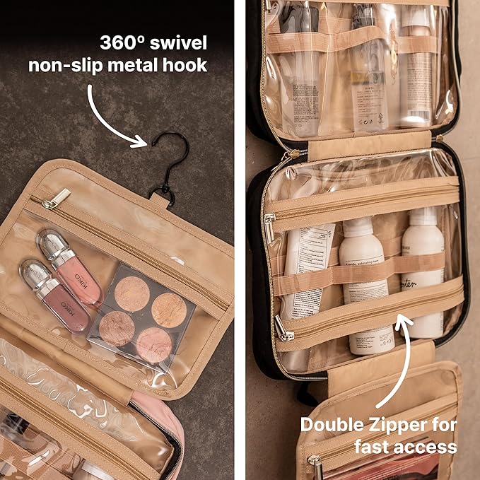 Carrywell |Not Made In China| Hanging Toiletry Travel Bag For Women, Makeup Organizer Case, Water-Resistant Cosmetic Bag For Full-size Containers, Toiletries (Pink, Large)