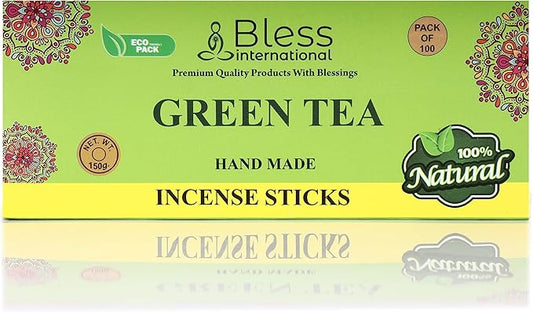 Bless-Green-Tea 100%-Natural-Handmade-Hand-Dipped-Incense-Sticks Organic-Chemicals-Charcoal-Free Purification-Relaxation-Positivity-Yoga-Meditation Best-Woods-Scent (100 Sticks(5.25 OZ))