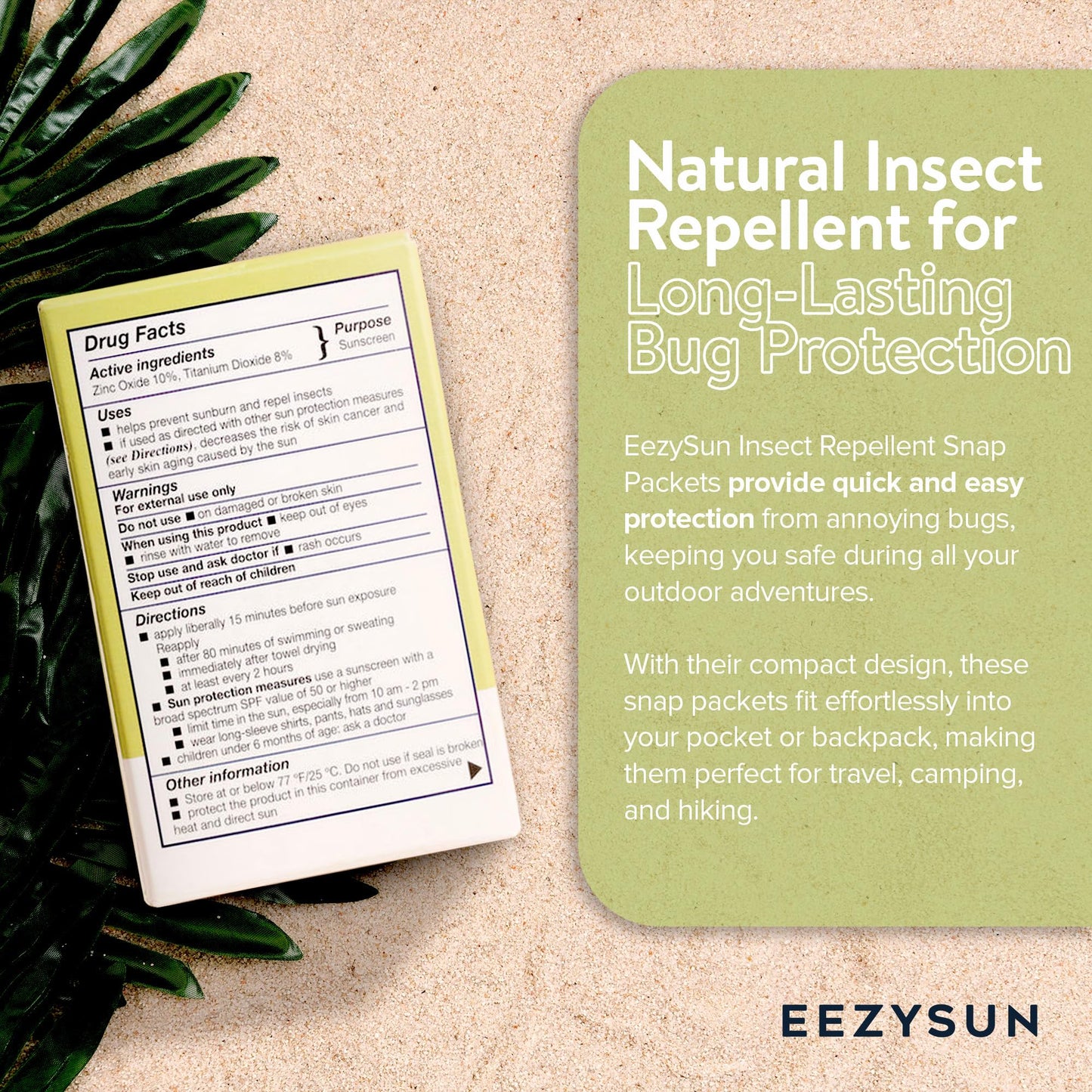 EEZYSUN SPF 50 Sunscreen and Insect Repellent Snap Packets - Sunscreen Travel Size Bug Repellent with Citronella Oil, Lemongrass, and Neem Oil - Reef-Safe Repellent - 10 Snap Packets (0.27 fl oz each)