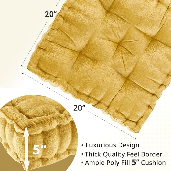 Intelligent Design Azza Floor Pillow, Large Cushions Sitting for Adults, Floor Pillow for Meditation or Yoga, Lustrous Chenille Tufted with Scalloped Edges for Bench/Chair Cushion, 20"x20"x5" Yellow