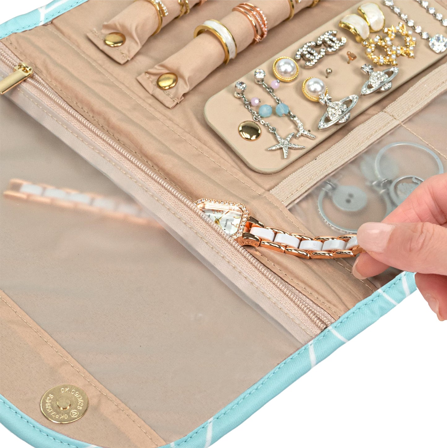 PAVILIA Travel Jewelry Case Organizer, Foldable Jewelry Travel Roll Bag, Small Jewelry Travel Pouch Wallet for Earrings, Rings, Necklaces, Bracelets, Travel Packing Accessories (Chevron Teal)