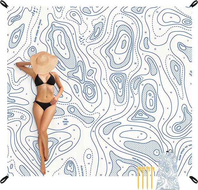 Beach Blanket Sandproof, 78''×86'' Large Waterproof Sand Free Beach Mat for 4 Adults, Big Compact Foldable White Beach Essential with 4 Stakes & 4 Corner Pockets for Picnic, Camping, Travel