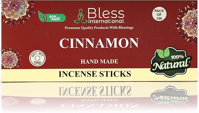 Bless-Cinnamon 100%-Natural-Handmade-Hand-Dipped-Incense-Sticks Organic-Chemicals-Charcoal-Free Purification-Relaxation-Positivity-Yoga-Meditation Best-Woods-Scent (100 Sticks(5.25 OZ))
