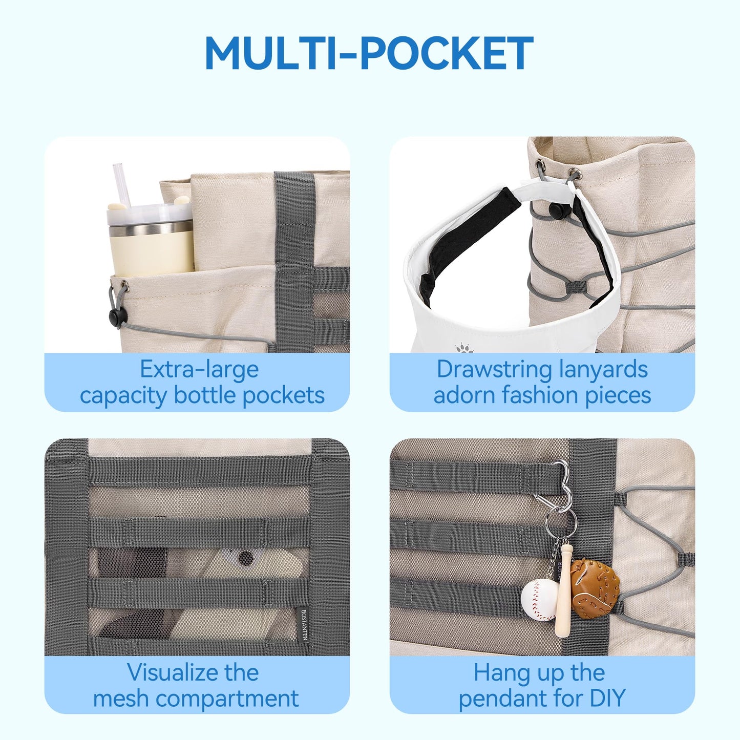 BOSTANTEN Travel Tote Bags for Women Foldable Beach Bag Waterproof Zipper Gym Sports Shopping Bag with Trolley Sleeve