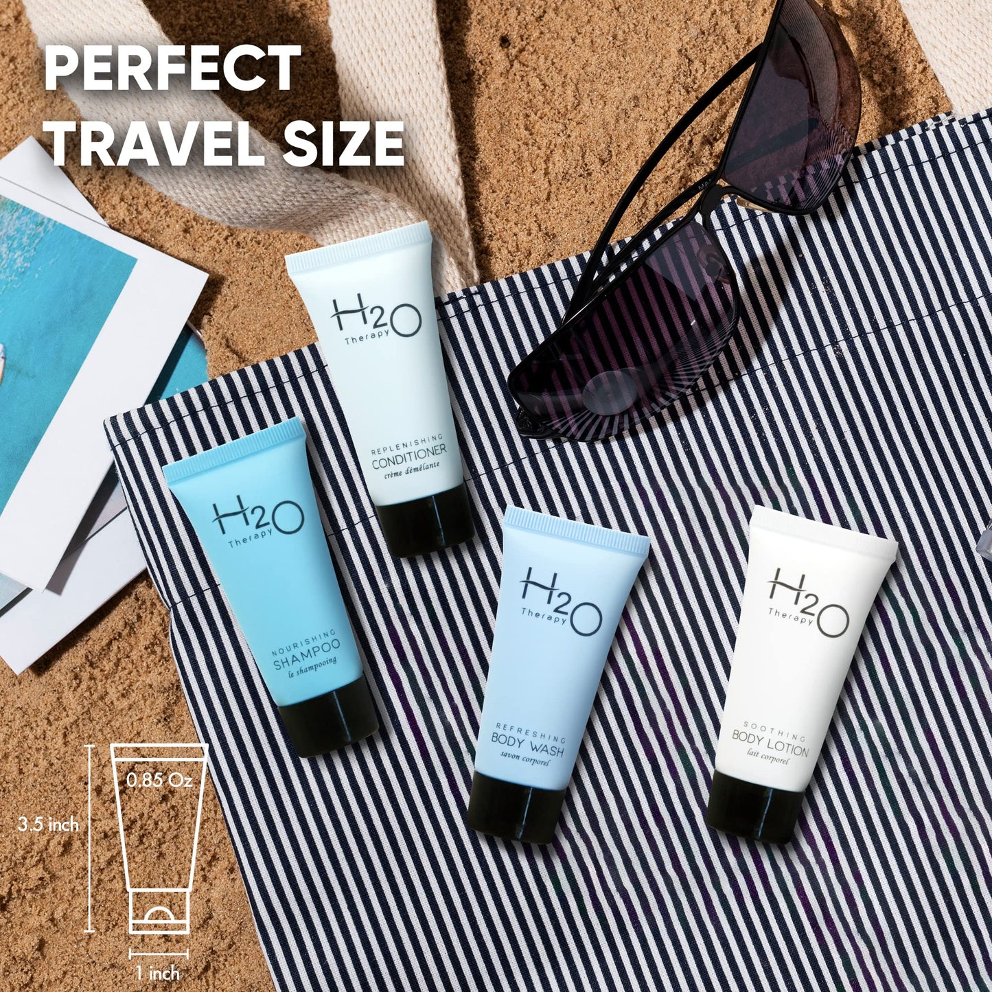 H2O Therapy Hotel Soaps & Toiletries Bulk Set | 1-Shoppe Amenities Kit | 0.85oz Shampoo & Conditioner, Body Wash, Lotion | Travel Size | 80 Pieces