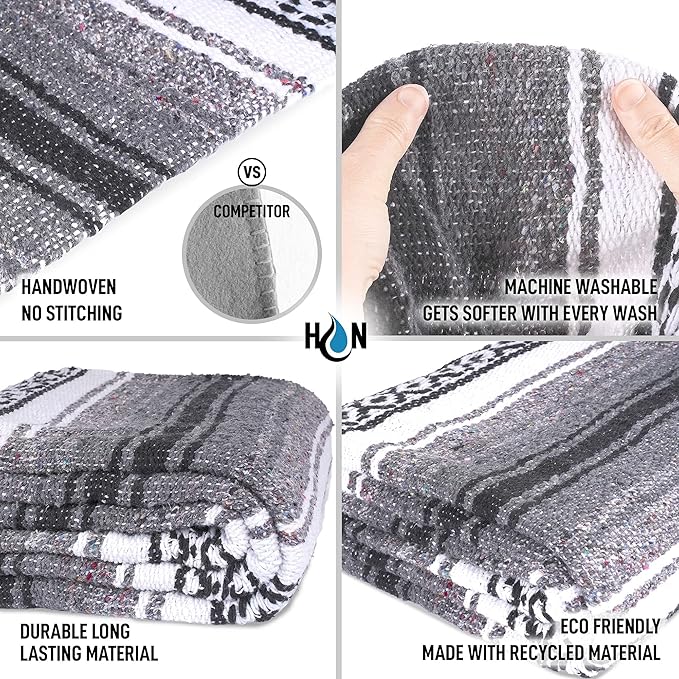 Authentic Extra Large Mexican Blanket - 70"x50" Handwoven Yoga, Serape, Artisanal Falsa, Beach, Camping, Picnic, Outdoor Blanket (Oxford)