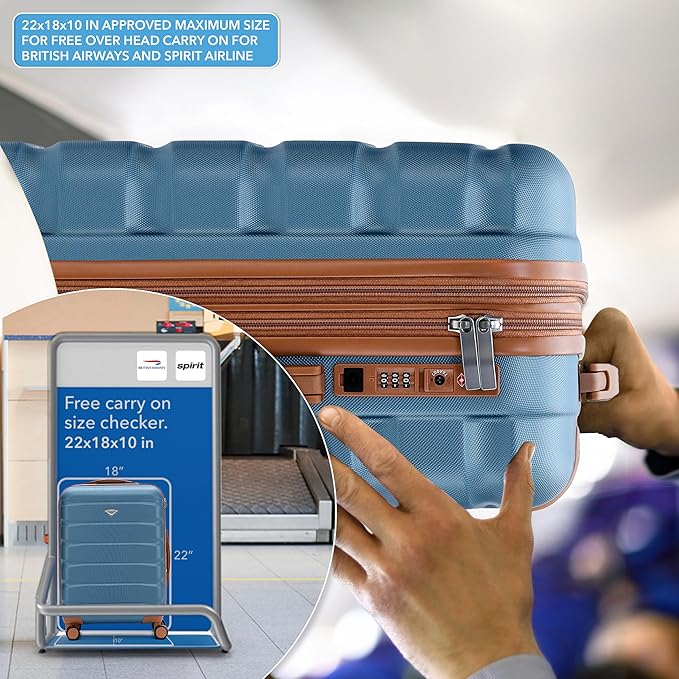 Carry On Suitcase Hardside TSA Lock & USB Port Silent Double Spinner Wheels Maximum Overhead Carry-On Bag Approved For Many Airlines( 22x18x10" ,Blue/Tan )