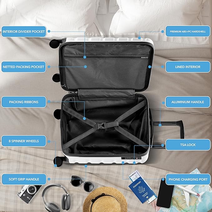 Carry On Suitcase Hardside TSA Lock & USB Port Silent Double Spinner Wheels Maximum Carry-On Bag For Canada Air Approved Airlines( 21.5x15.5x9" ,White )
