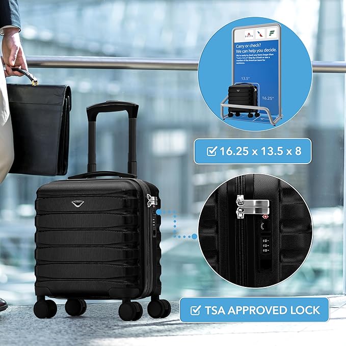 Carry On Suitcase Hardside TSA Lock & USB Port Silent Double Spinner Wheels Maximum Underseat Carry-On Bag For Virgin & South West Approved Airlines( 16.25x13.5x8" ,Black )
