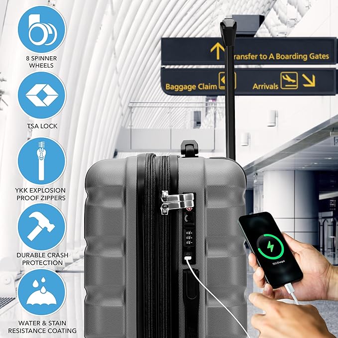 Carry On Suitcase Hardside TSA Lock & USB Port Silent Double Spinner Wheels Maximum Overhead Carry-On Bag Approved For Many Airlines( 22x18x10" ,Charcoal )