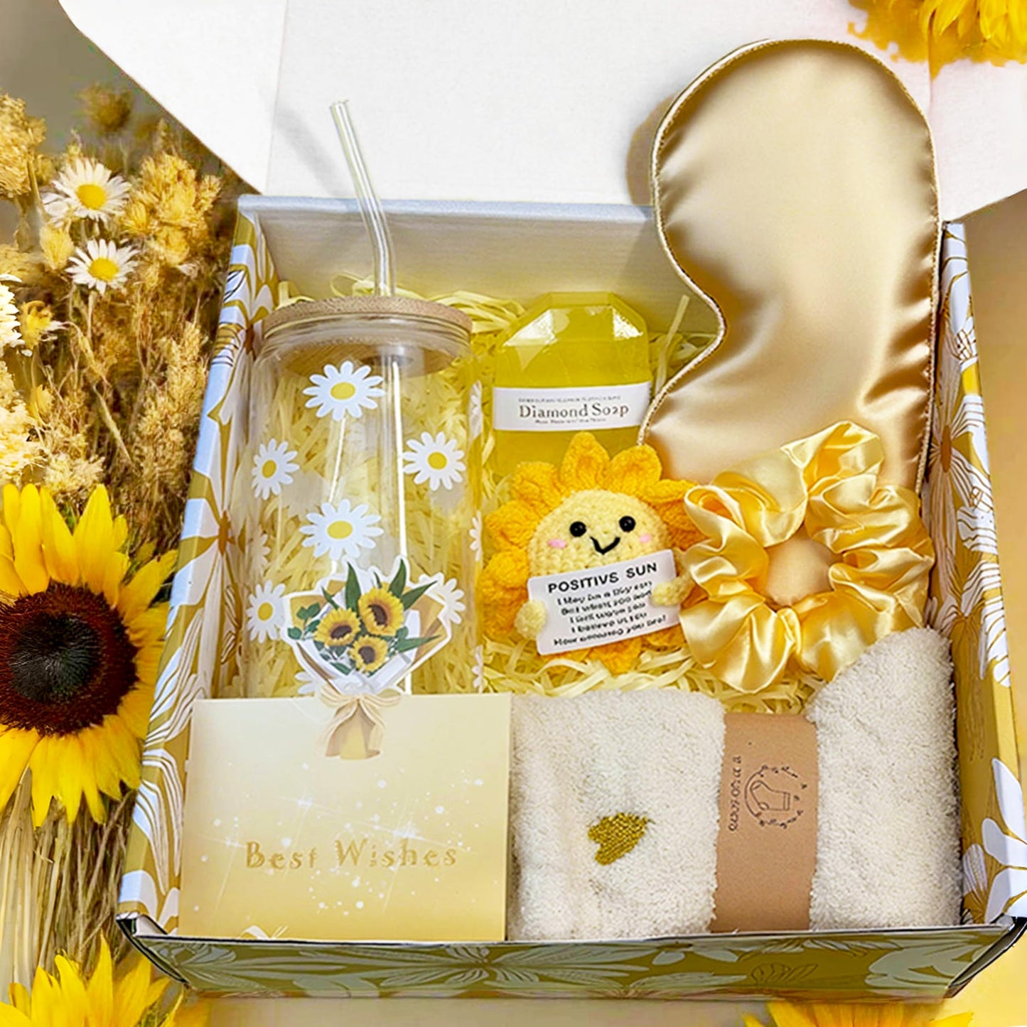 Gift Baskets for Women -Unique Gift Basket Set & Sunshine Box Care Package, Festive-Ready Golden Uplifting Gift Set forMom Wife Sister Friends Teen Girls