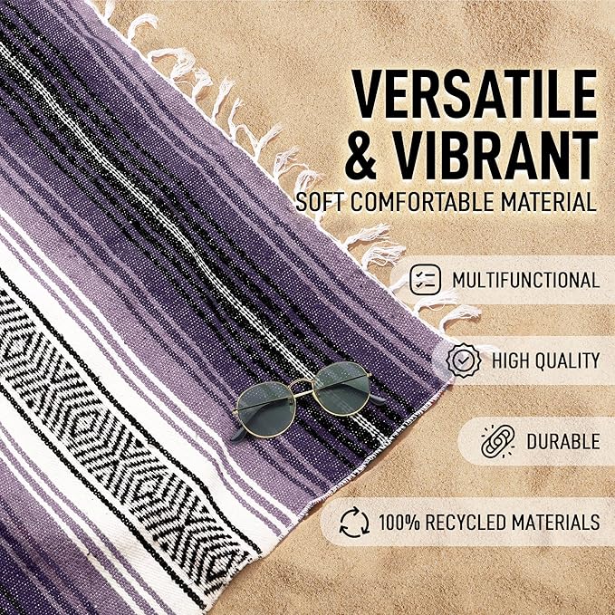 Authentic Large Handwoven Mexican Blanket - Soft Yoga- Durable Serape- Lightweight Falsa, Beach, Camping, Picnic, Outdoor Blanket 70"x50" - Lavender Jade