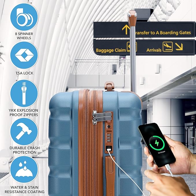 Carry On Suitcase Hardside TSA Lock & USB Port Silent Double Spinner Wheels Maximum Overhead Carry-On Bag Approved For Many Airlines( 22x18x10" ,Blue/Tan )