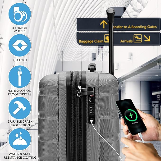 Carry On Suitcase Hardside TSA Lock & USB Port Silent Double Spinner Wheels Maximum Carry-On Bag For Canada Air Approved Airlines( 21.5x15.5x9" ,Charcoal )