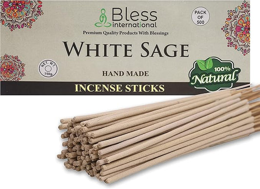 Bless-White-Sage 100%-Natural-Handmade-Hand-Dipped-Incense-Sticks Organic-Chemicals-Charcoal-Free Purification-Relaxation-Positivity-Yoga-Meditation Best-Woods-Scent (500 Sticks (26 OZ))