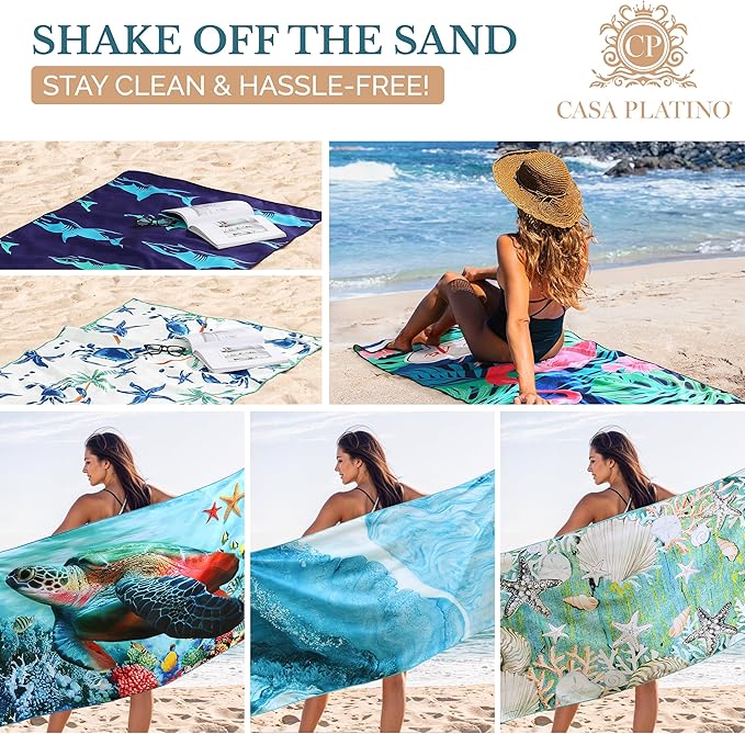 Casa Platino 6 Pack Beach Towels Oversized – Extra Large 71"x32" Quick Dry, Sand Free Microfiber Towels, Lightweight & Soft, Double-Sided Printed Beach Towel with Bag for Travel & Camping – Muara