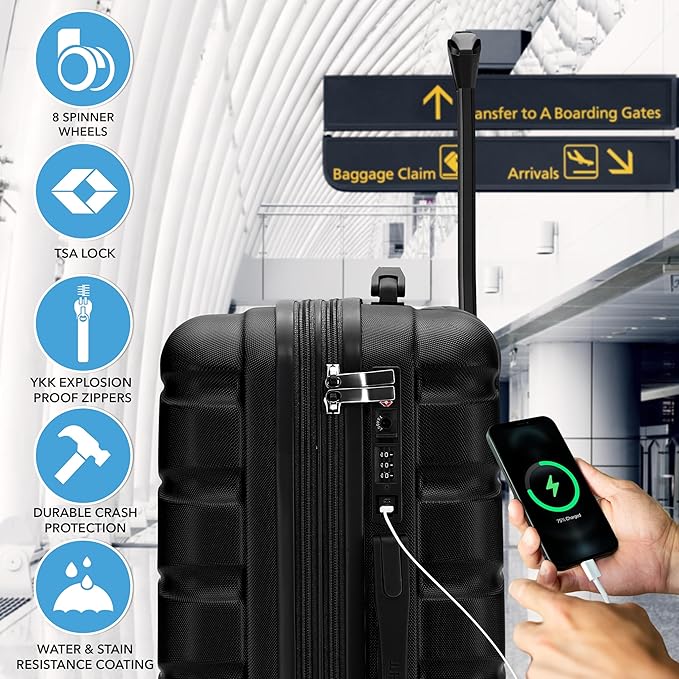 22x14x9" Expandable Carry On Suitcase Hardside TSA Lock USB C Port Lightweight Luggage Silent Double Spinner Wheels Maximum Overhead Carry-On Bag For American & United Approved Airlines