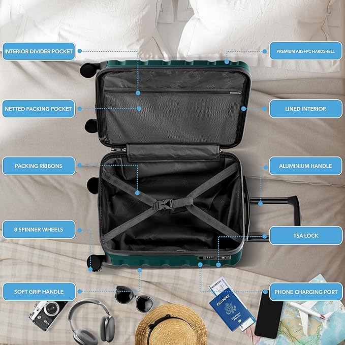 Carry On Suitcase Hardside TSA Lock & USB Port Silent Double Spinner Wheels Maximum Carry-On Bag For Canada Air Approved Airlines( 21.5x15.5x9" ,Forest Green )