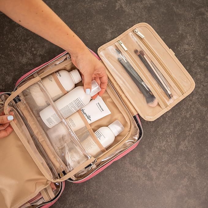 Carrywell |Not Made In China| Hanging Toiletry Travel Bag For Women, Makeup Organizer Case, Water-Resistant Cosmetic Bag For Full-size Containers, Toiletries (Rosewood Pink, Medium)