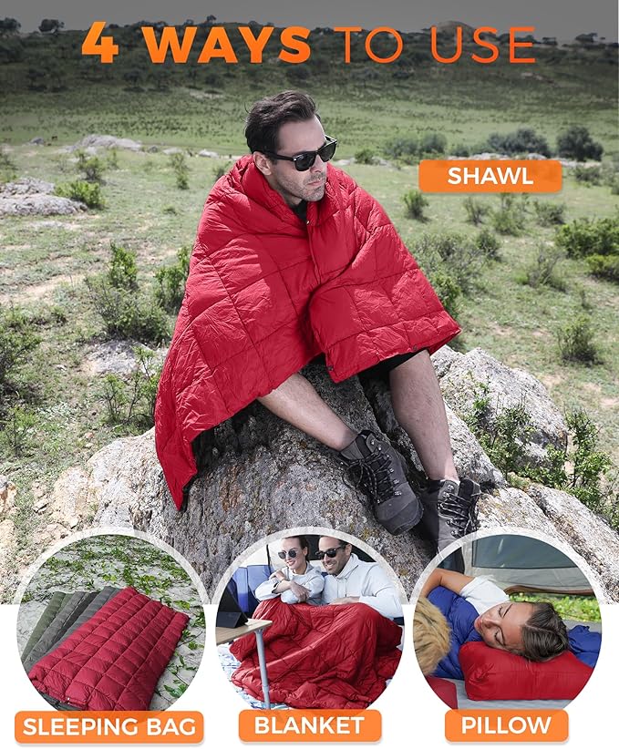 KingCamp Ultralight Camping Blanket, Packable Down Alternative Puffy Wearable Blankets Weatherproof Warm Package Quilt with Snap Buttons for Outdoor Hiking Travel Picnic Stadium (69"L x 53"W, CRIMSON)