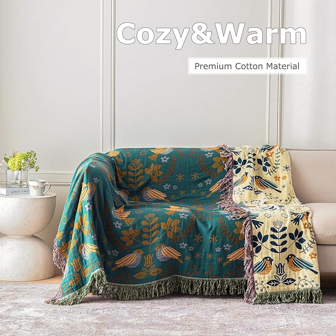 Boho Throw Blanket for Bed 100% Cotton Ultra Soft Rustic Quilt Queen Blanket Bird Floral Printed Farmhouse Decor Large Fall Bed Blankets,90"×98" All Season Rustic Throw for Sofa Couch Chair