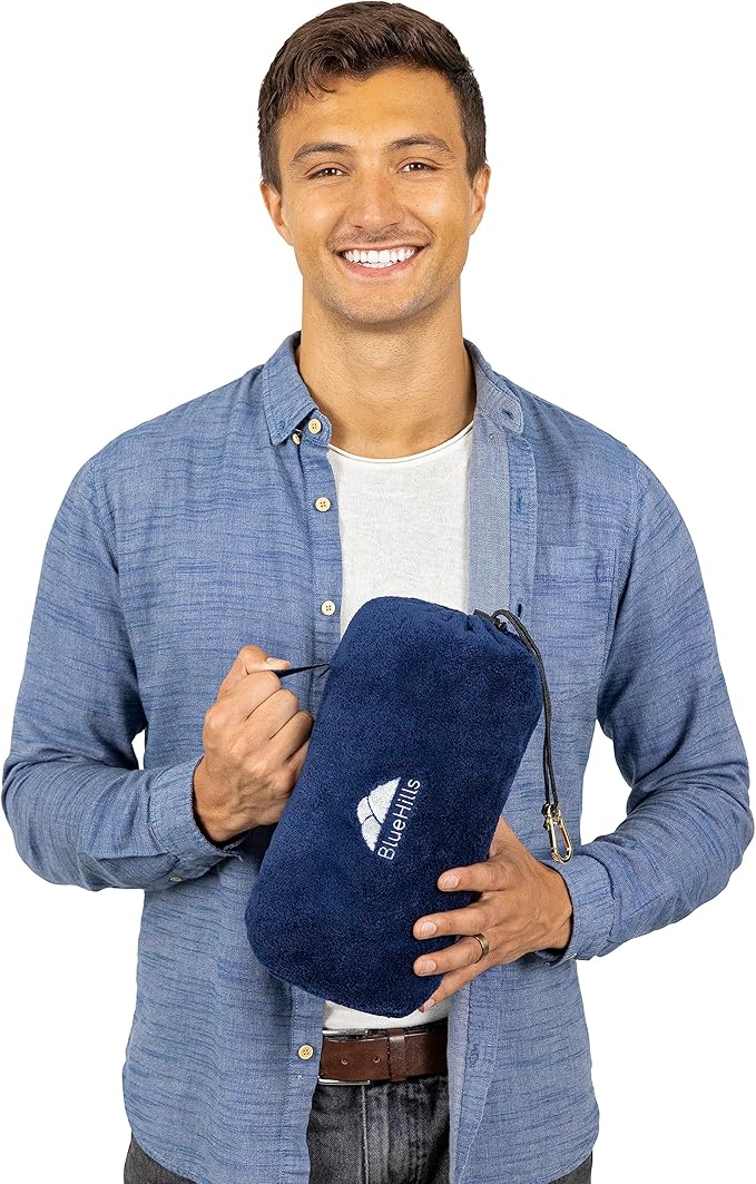 BlueHills Travel Blanket Pillow Rolled Premium Soft Plush Airplane Throw Traveling Essential Gift Compact in a Bag 70 X 48 inches Long Plane Flight Portable Lightweight Navy Blue R04