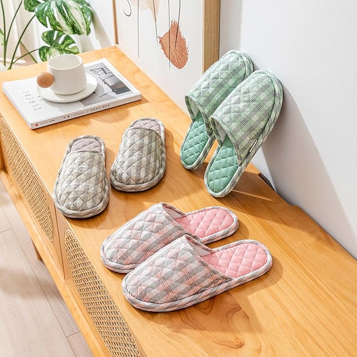 3 Pairs Floral Cotton House Slippers for Women, Open Toe Indoor Slippers Comfortable Washable Portable Foldable Guest Travel Hotel Airplane Spa Slippers