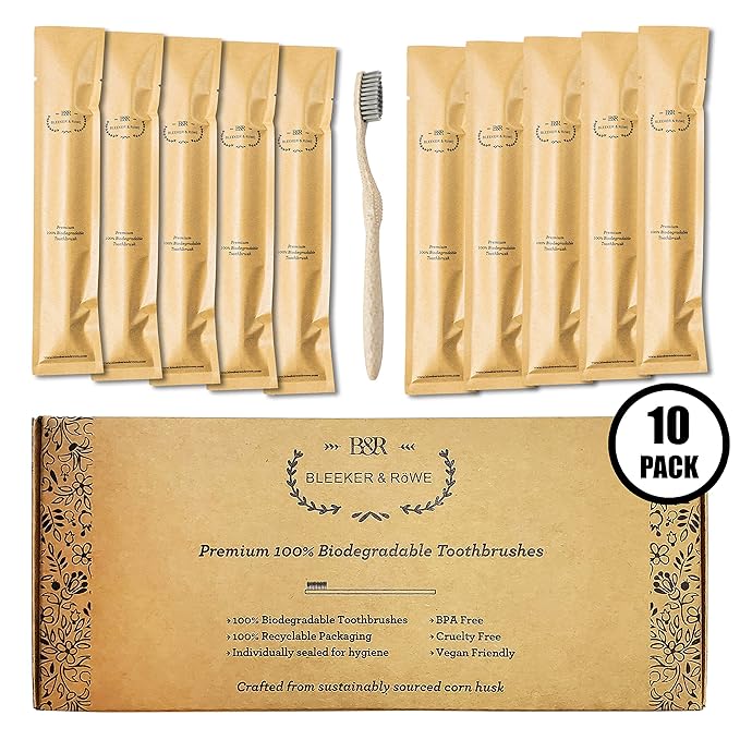 Bleeker and Rowe Biodegradable Eco-Friendly Toothbrushes - Individually Sealed - BPA Free Soft Bristles - Sustainable - Recycled Packaging (Pack of 10)