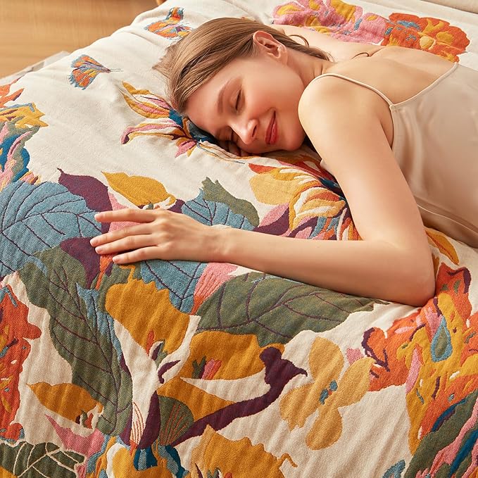 Boho Throw Blanket 100% Cotton Ultra Soft Bed Throw Large Fall Blanket Floral Bird and Butterfly Farmhouse Decor Bed Blankets,60"×80" All Season Blankets for Sofa Couch Chair