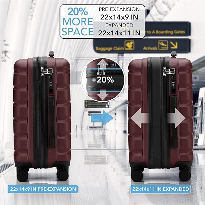 22x14x9" Expandable Carry On Suitcase Hardside TSA Lock USB C Port Lightweight Luggage Silent Double Spinner Wheels Maximum Overhead Carry-On Bag For American & United Approved Airlines