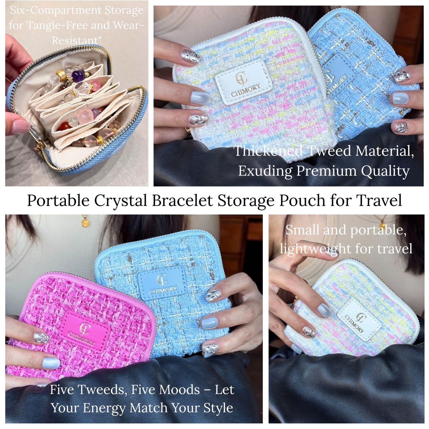 2025 New Travel Jewelry Case – Jewelry Organizer Travel for Rings, Bracelets, & Bangles with Smooth Metal Zipper, Elegant Jewelry Roll for Journey, Crystal Jewelry Storage Pouch, Mini, Tweed Blue