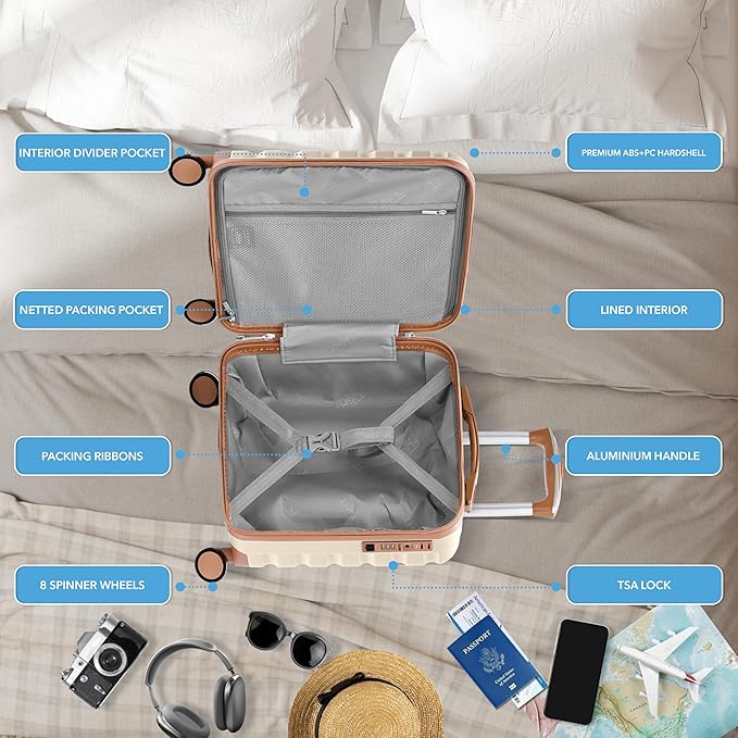 Carry On Suitcase Hardside Built In TSA Lock & USB Port Silent Double Spinner Wheels Maximum Underseat Carry-On Bag For American & United Approved Airlines( 18x14x8" ,Cream/Tan )