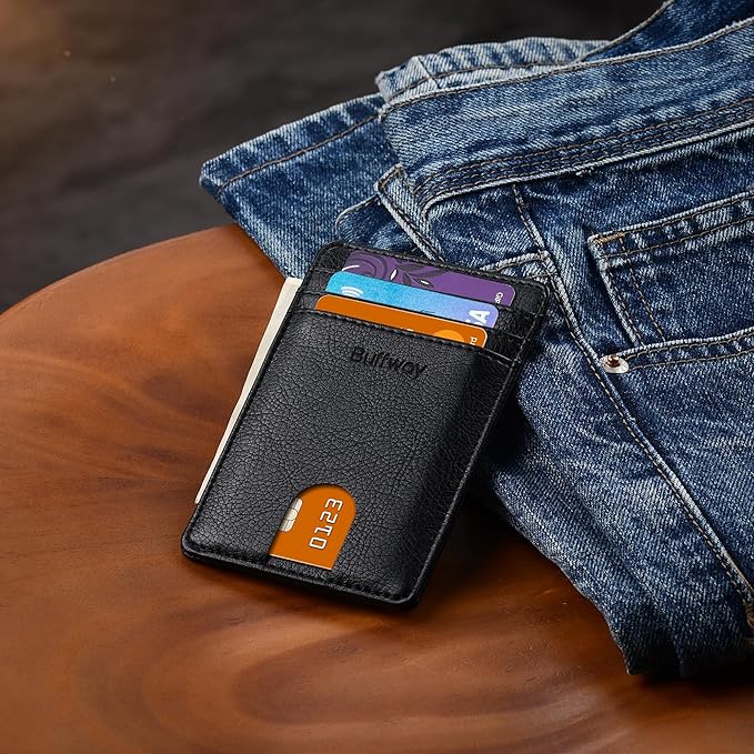 Buffway Mens Slim Wallet, Minimalist Thin Front Pocket Leather Credit Card Holder with RFID Blocking for Work Travel