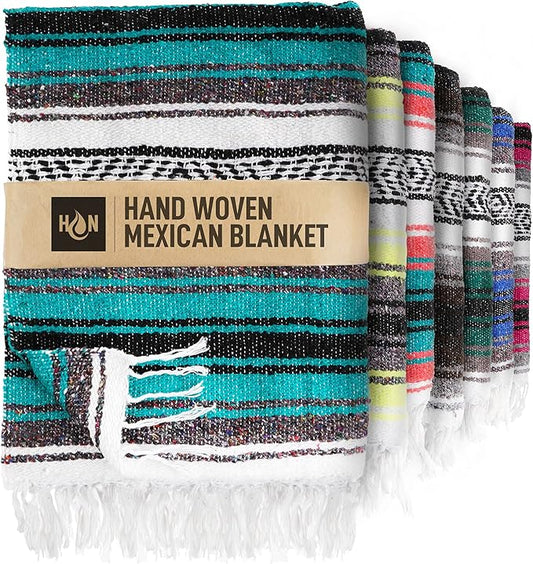Authentic Extra Large Mexican Blanket - 70"x50" Handwoven Yoga, Serape, Artisanal Falsa, Beach, Camping, Picnic, Outdoor Blanket (Emerald)