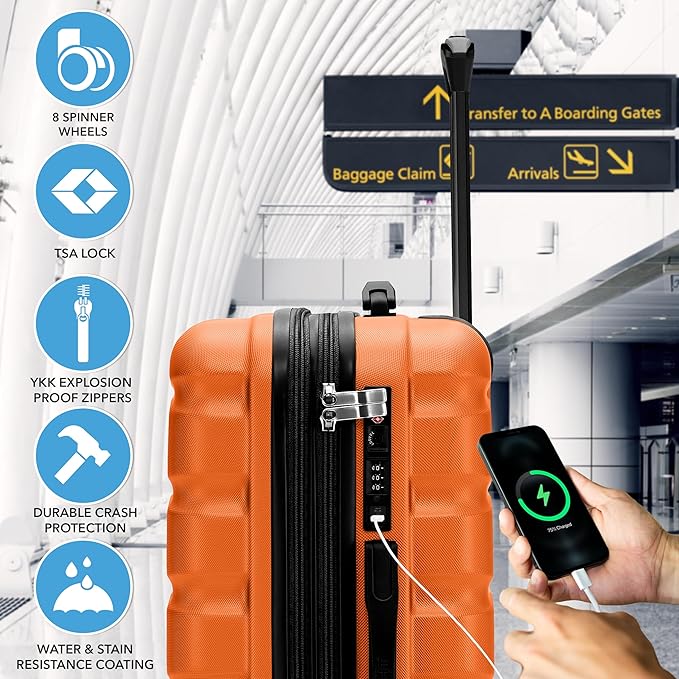 24x16x10 Expandable Carry On Suitcase Hardside TSA Lock USB C Lightweight Luggage Silent Double Spinner Wheels Maximum Overhead Carry-On Bag For Virgin & South West Approved Airlines