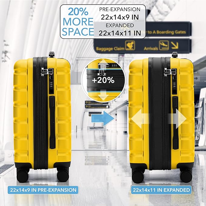 Carry On Suitcase Hardside Built In TSA Lock & USB Port Silent Double Spinner Wheels Maximum Overhead Carry-On Bag For American & United Approved Airlines( 22x14x9" ,Yellow )