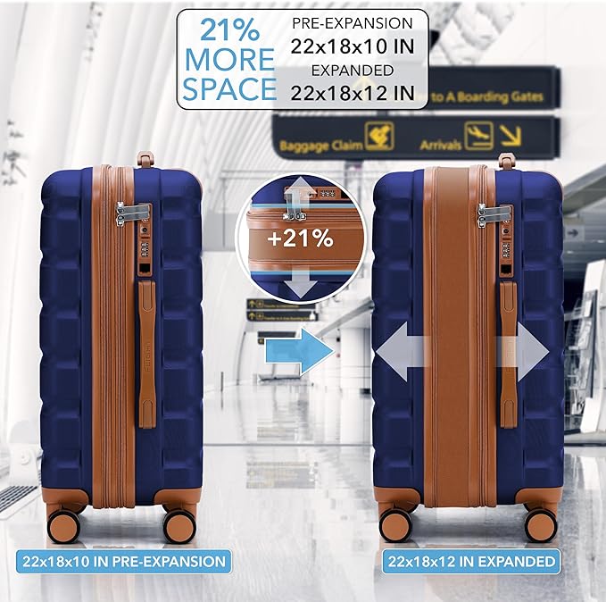 Carry On Suitcase Hardside TSA Lock & USB Port Silent Double Spinner Wheels Maximum Overhead Carry-On Bag Approved For Many Airlines( 22x18x10" ,Navy/Tan )