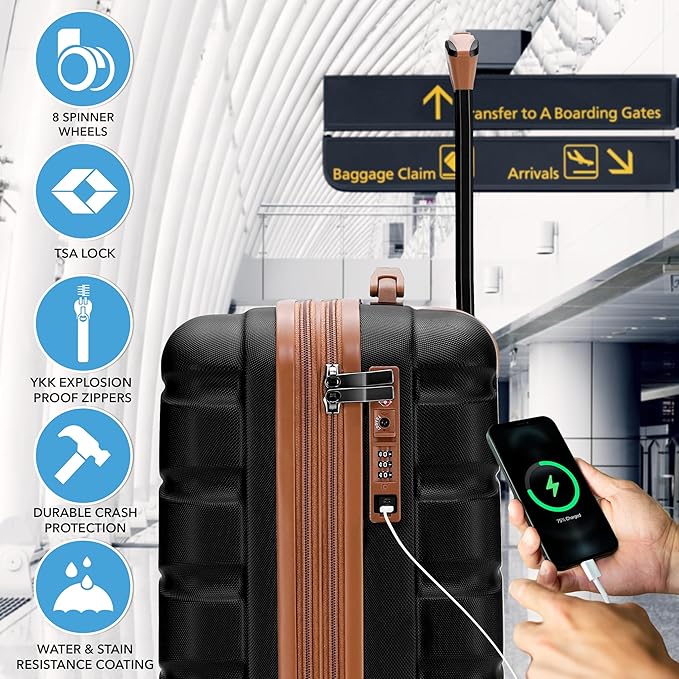 Carry On Suitcase Hardside TSA Lock & USB Port Silent Double Spinner Wheels Maximum Carry-On Bag For Canada Air Approved Airlines( 21.5x15.5x9" ,Black/Tan )