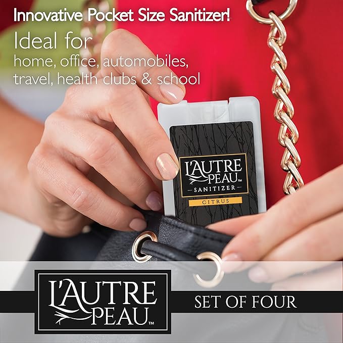Antibacterial Travel Hand Sanitizer Spray with Aloe Vera by L’AUTRE PEAU - Unique Flat Credit Card Shape - Citrus Scented Mini Pocket Size (4 Pack - 20ML, Frost,Black,Red,Blue)