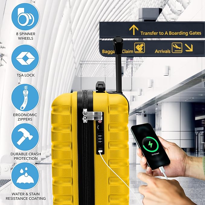 Carry On Suitcase Hardside TSA Lock & USB Port Silent Double Spinner Wheels Maximum Underseat Carry-On Bag For Virgin & South West Approved Airlines( 16.25x13.5x8" ,Yellow )