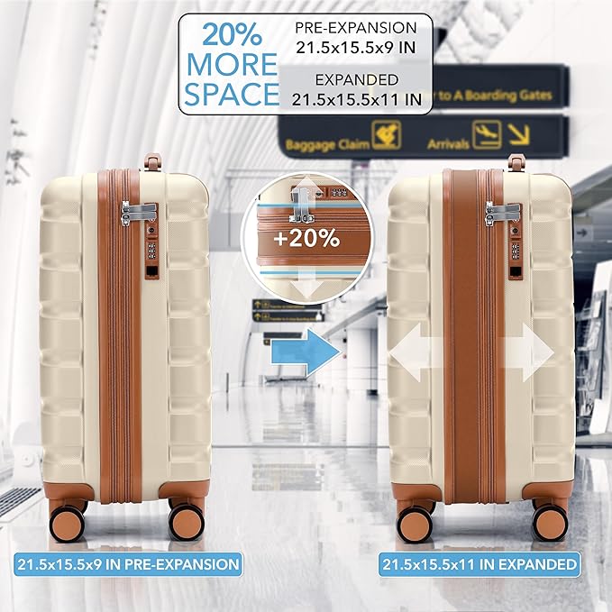 Carry On Suitcase Hardside TSA Lock & USB Port Silent Double Spinner Wheels Maximum Carry-On Bag For Canada Air Approved Airlines( 21.5x15.5x9" ,Cream/Tan )