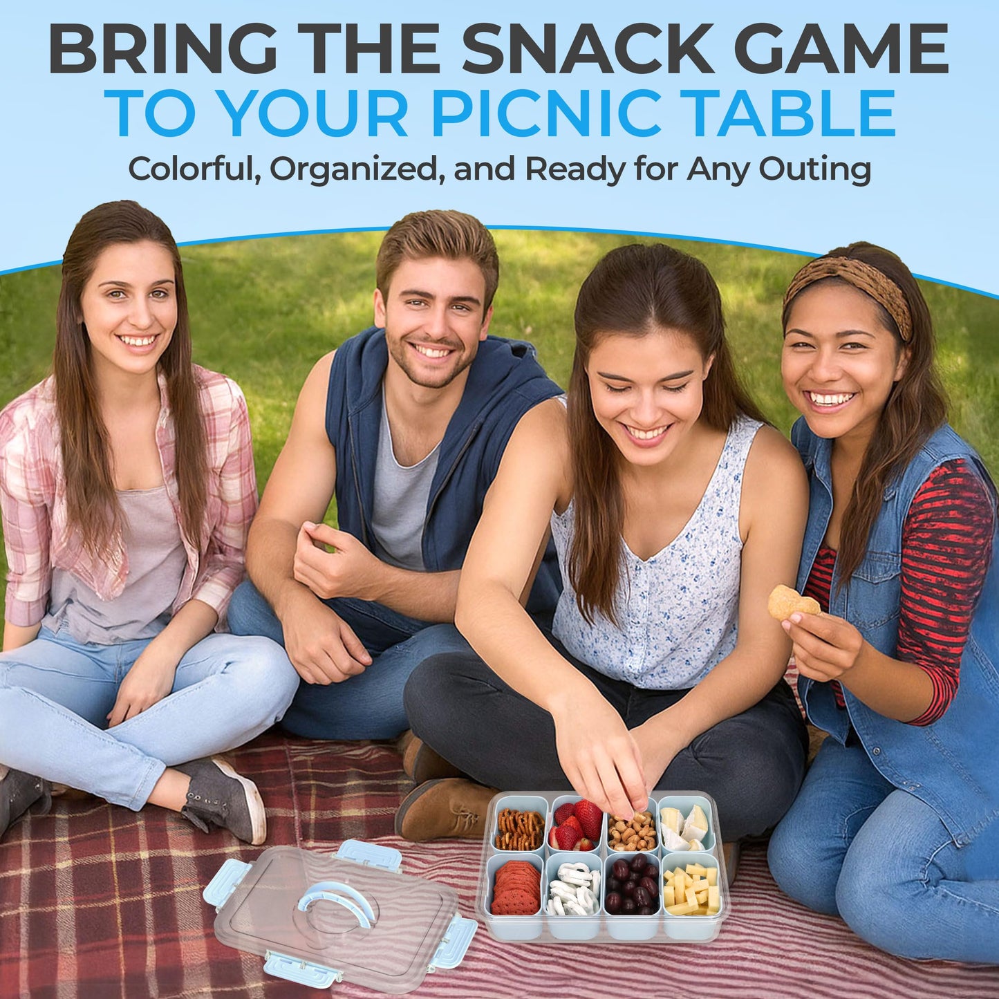 KEYVOZ Snackle Box Container with Lid- Travel Charcuterie Box with Handle - Organizer for Candy, Fruit, Nuts, Veggies, Snacks, Beach Essentials, Portable Lunch Box (Blue, Large)