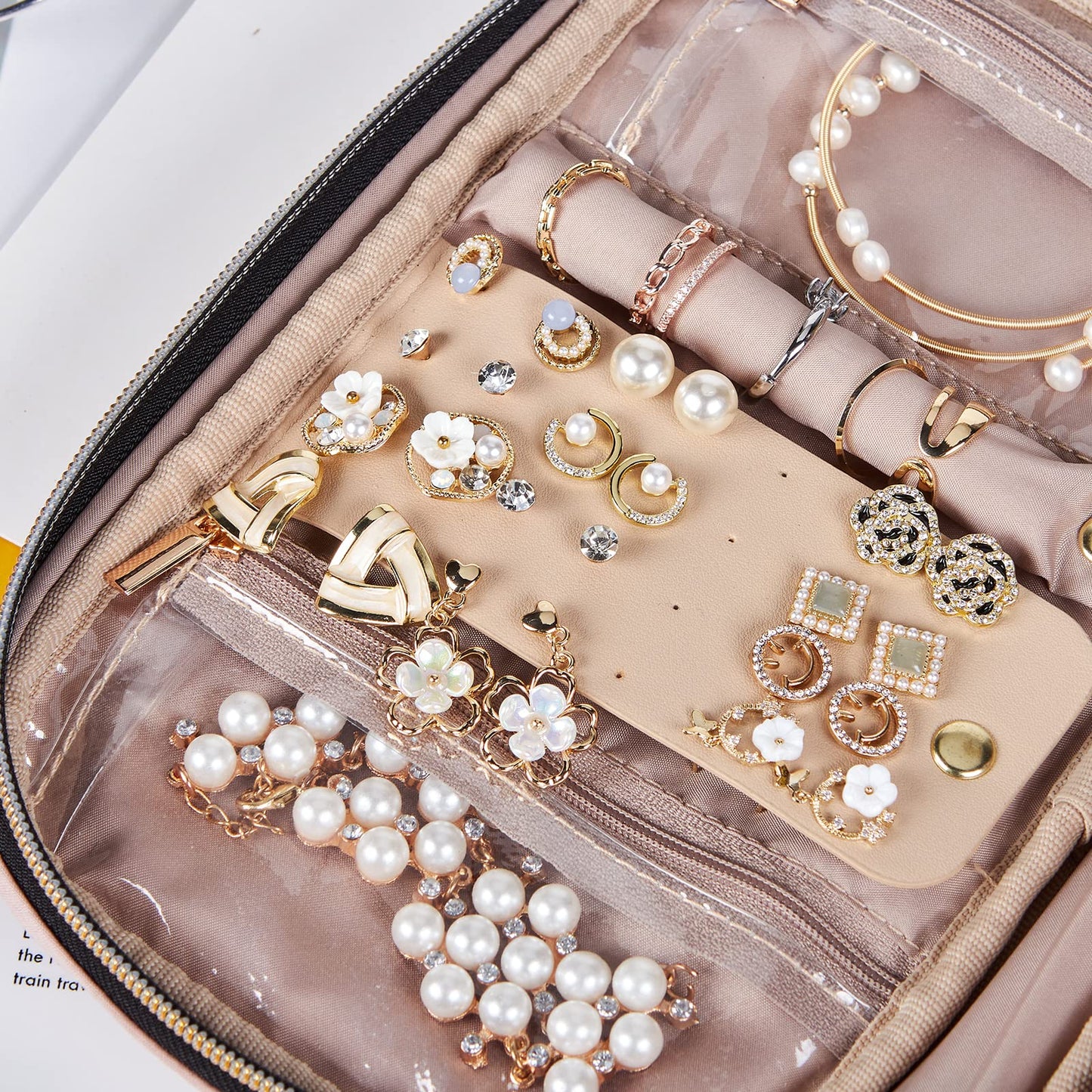 NISHEL Travel Jewelry Case, Holiday Organizer for Necklaces, Earrings, Rings, Bracelets, Watch, Pink