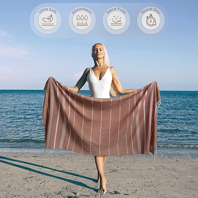 Brick Turkish Beach Towel - Compact & Quick Dry, Oversized (39" x 71"), Versatile and Functional. Ideal as a Beach and Picnic Blanket, Travel, Yoga, and Bath Towel